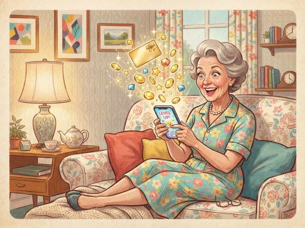 Illustration of a smiling woman on a floral sofa as coins pop out of her phone